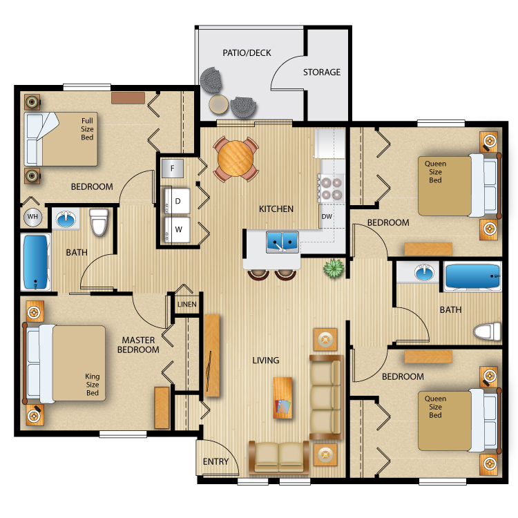 four bedroom two bathroom apartment layout